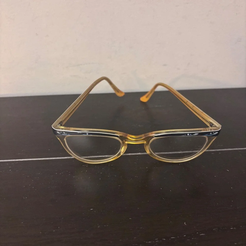 Vintage Shuron‎ Cat Eye FRAMES 5 1/4 US Grey Aluminum Brow Rhinestone Amber 50s